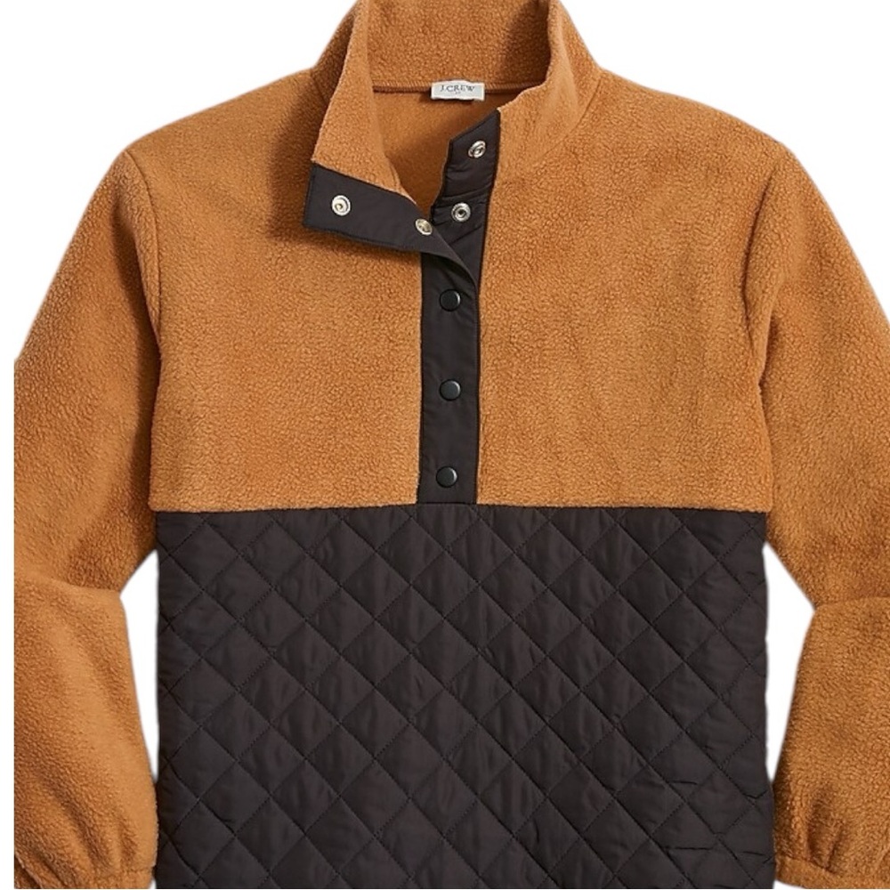 J Crew Factory Quilted Black and Tan Sherpa 1/4 Snap Neckline Pull Over Top - Picture 3 of 12